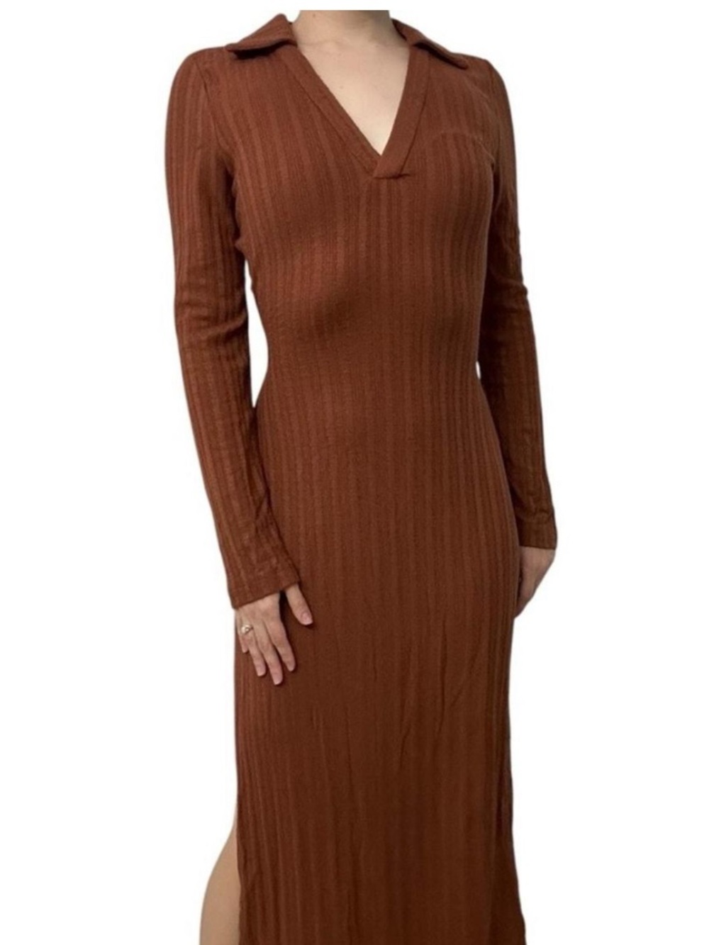 L'Academie Ribbed Maxi Dress in Rust Brown